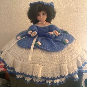 VINTAGE BELL of the BALL PILLOW DOLL BLUE & WHITE CROCHETED GOWN & PINK FLOWERS